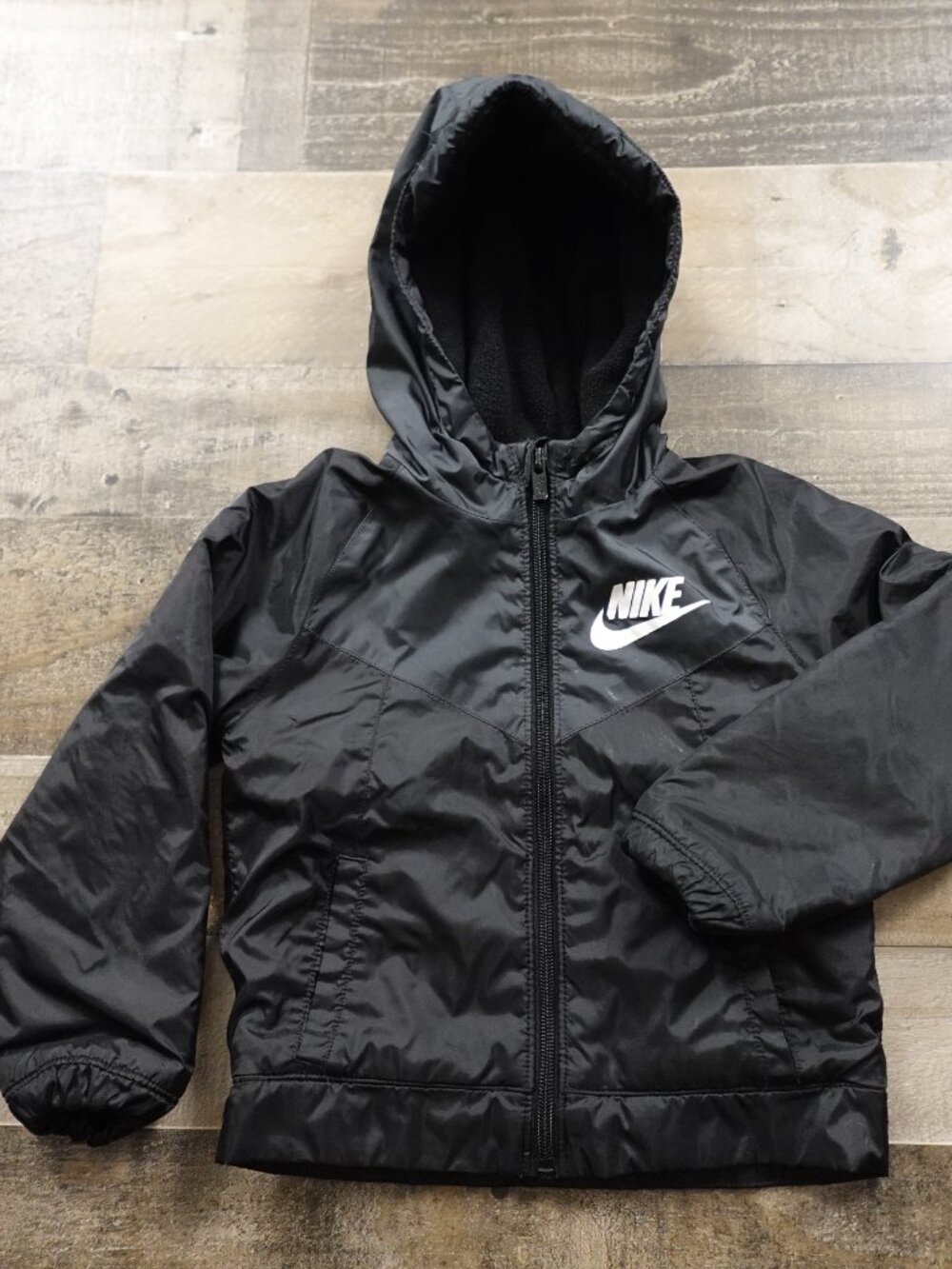 Nike Fleece Lined Hooded Jacket Boys 3T Black Full Zip Windbreaker Swoosh - Picture 5 of 10
